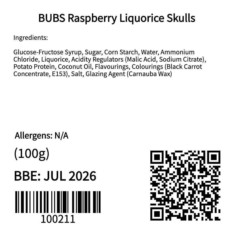 BUBS Raspberry Liquorice Skulls (100g)